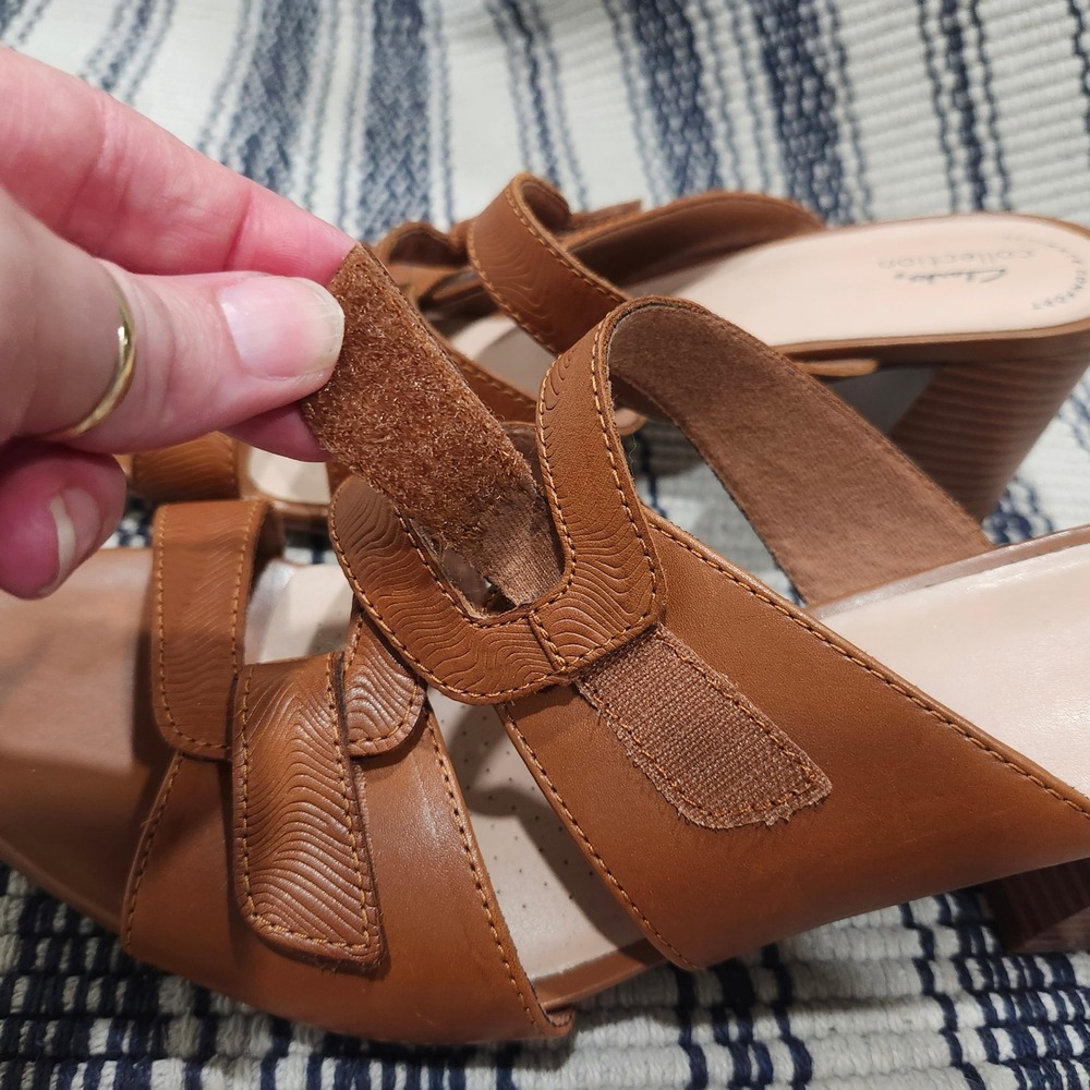 Clarks Collection Tan Leather Multi Strap Block Heel Slide Sandals Women 8.5 M - Picture 7 of 13